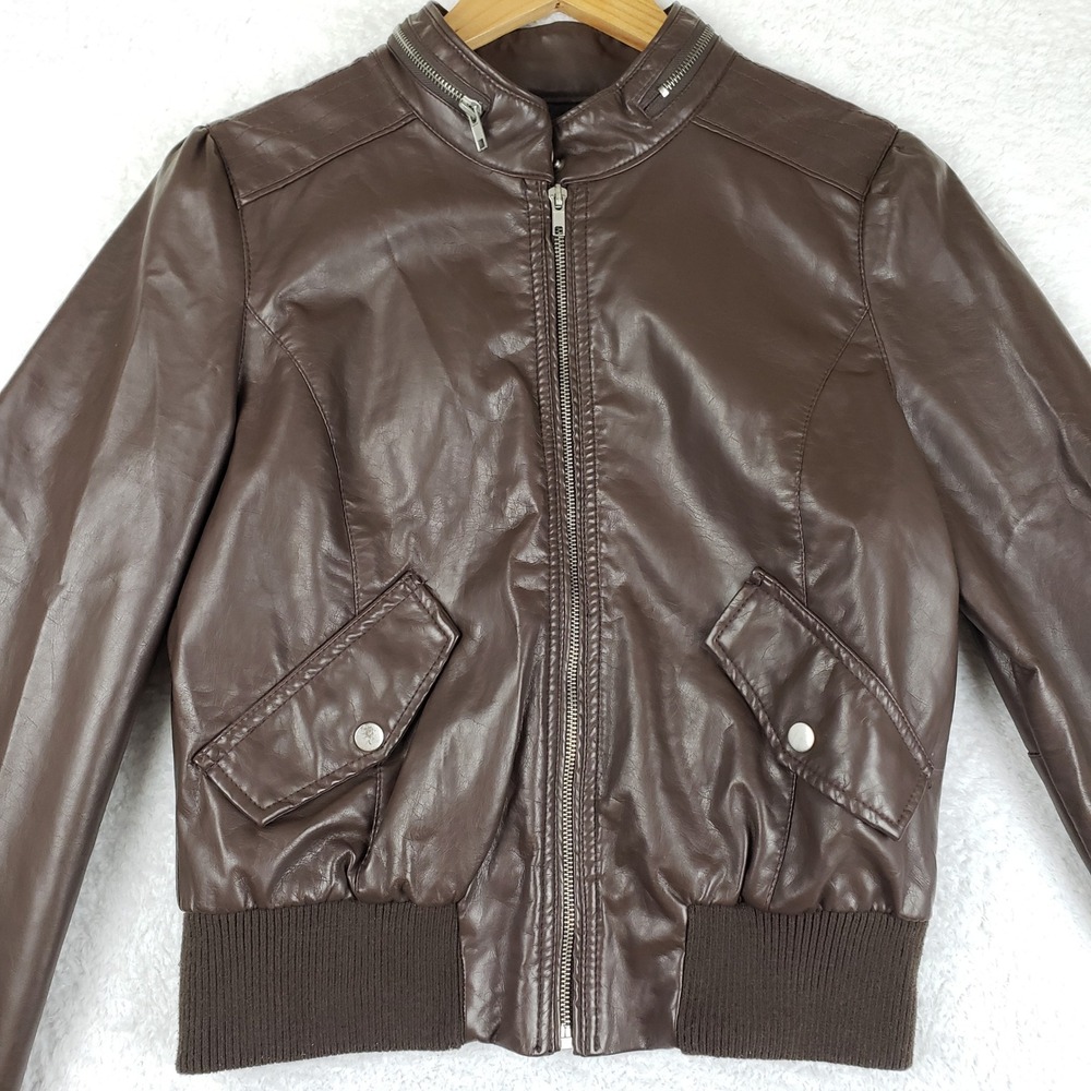 Marezzi Womens Faux Leather Bomber Jacket Brown Moto Ribbed Hem Size L
